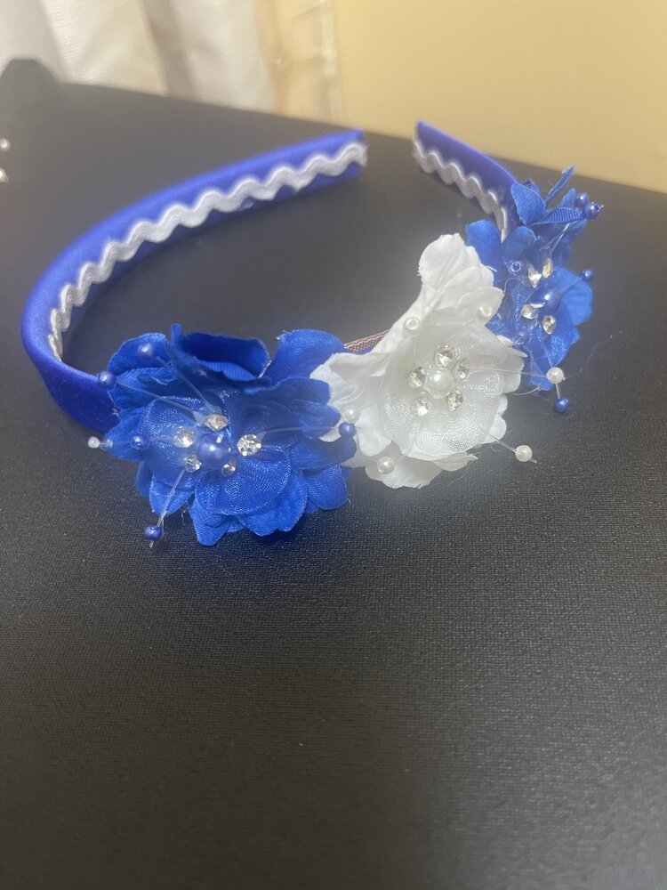 Royal Blue and White Floral Bling Headband, O/S