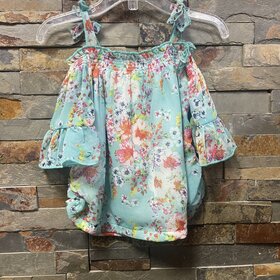 Aqua Floral Cold Shoulder Ruffled Sleeve Top