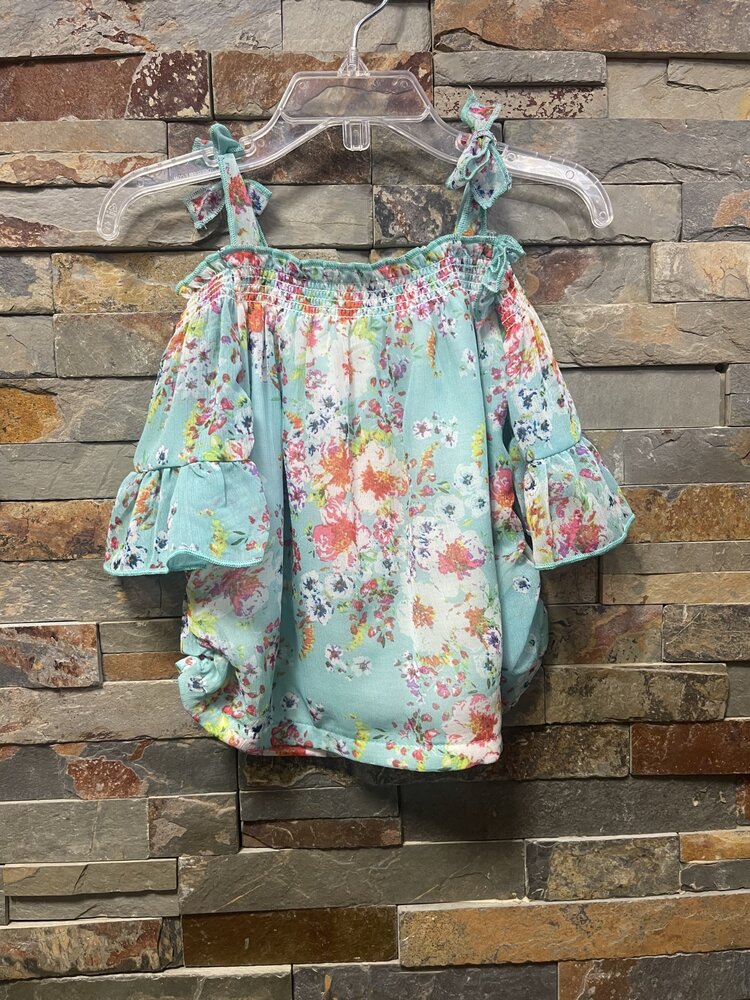 Aqua Floral Cold Shoulder Ruffled Sleeve Top
