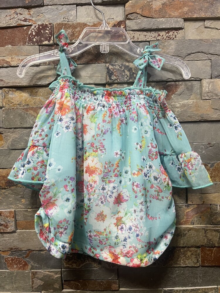 Aqua Floral Cold Shoulder Ruffled Sleeve Top
