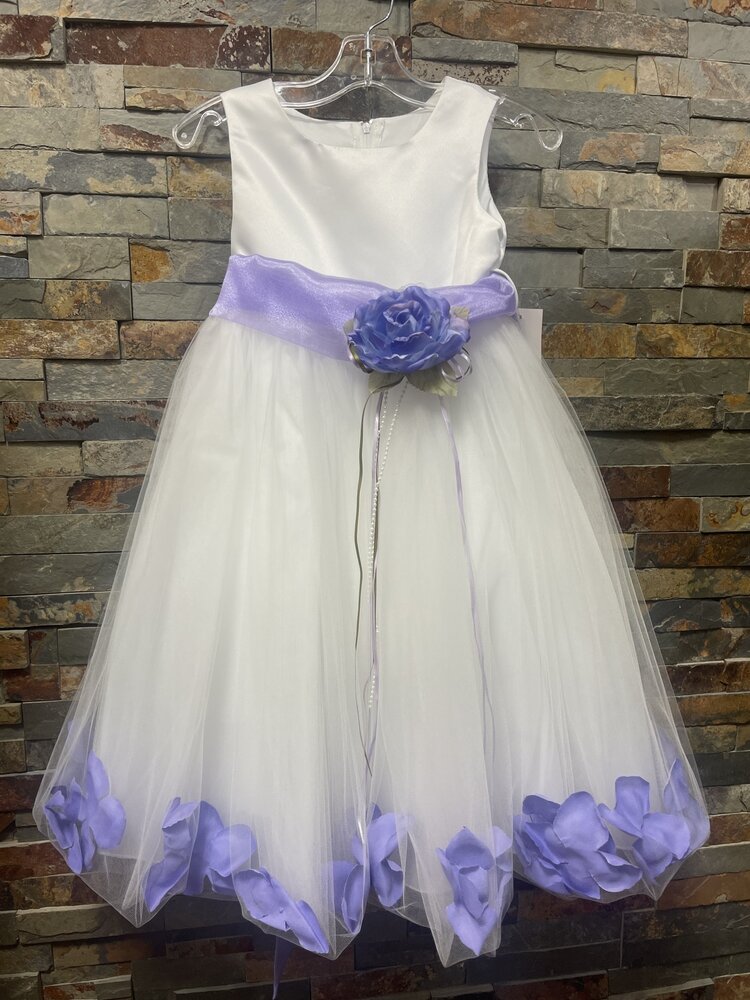 White Tulle Dress with Lilac Flower Petals, Size 3/4