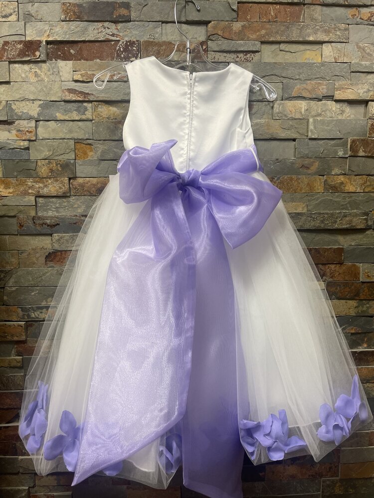 White Tulle Dress with Lilac Flower Petals, Size 3/4