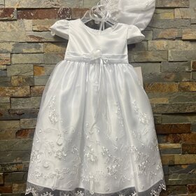 White Cross Embroidered Organza Gown w/Bonnet,  Size 6M