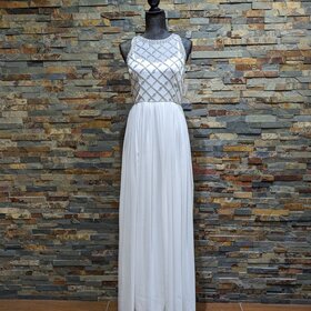Adrianna Papell White Beaded Metallic Gown