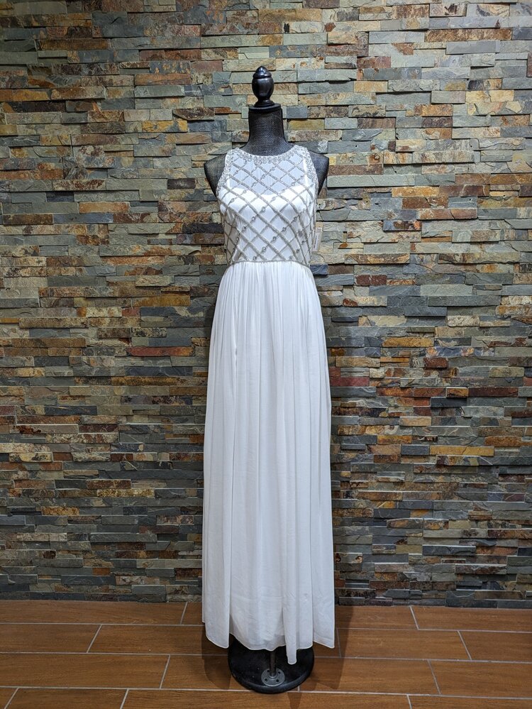 Adrianna Papell White Beaded Metallic Gown
