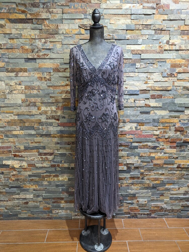 Pisarro Nights Grey Smoke Beaded Gown, Size 14