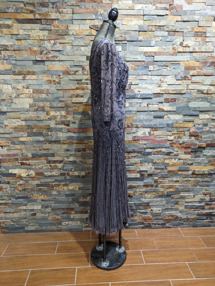 Pisarro Nights Grey Smoke Beaded Gown, Size 14