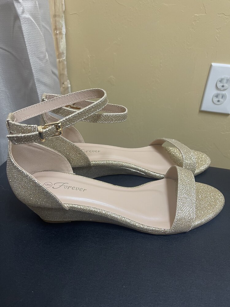 Champagne Ankle Strap Low Wedge Heel