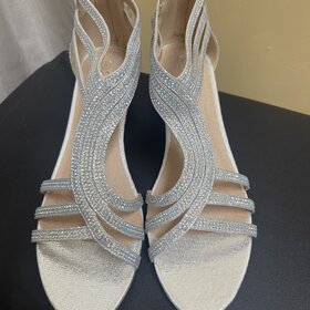 Silver Sequined Low Wedge Heel Sandal