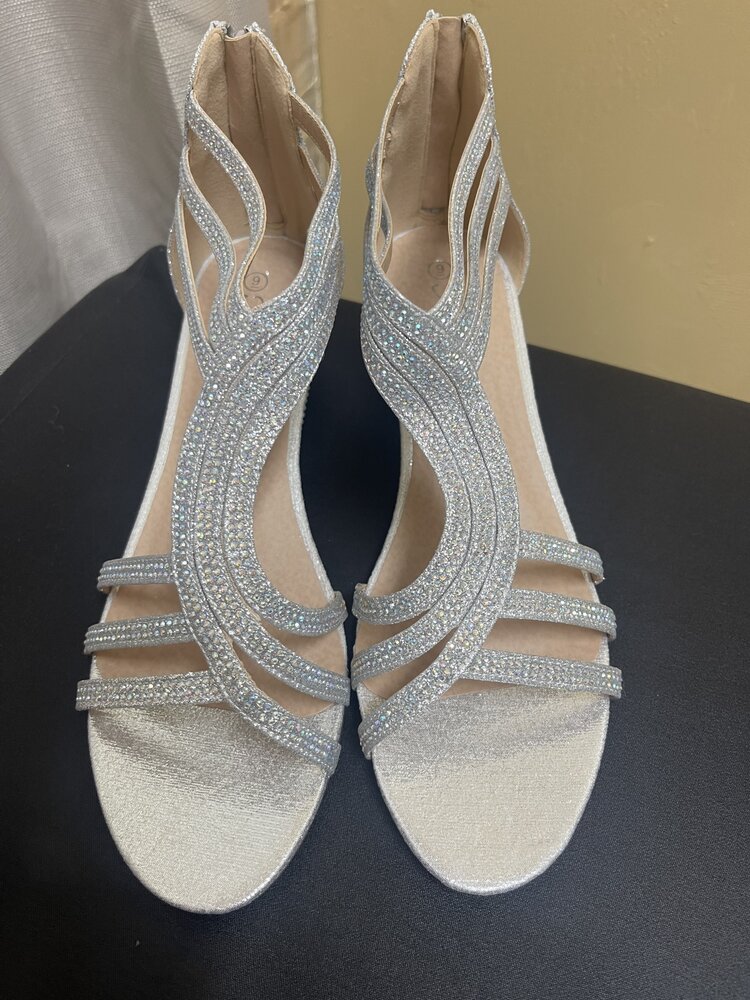 Silver Sequined Low Wedge Heel Sandal