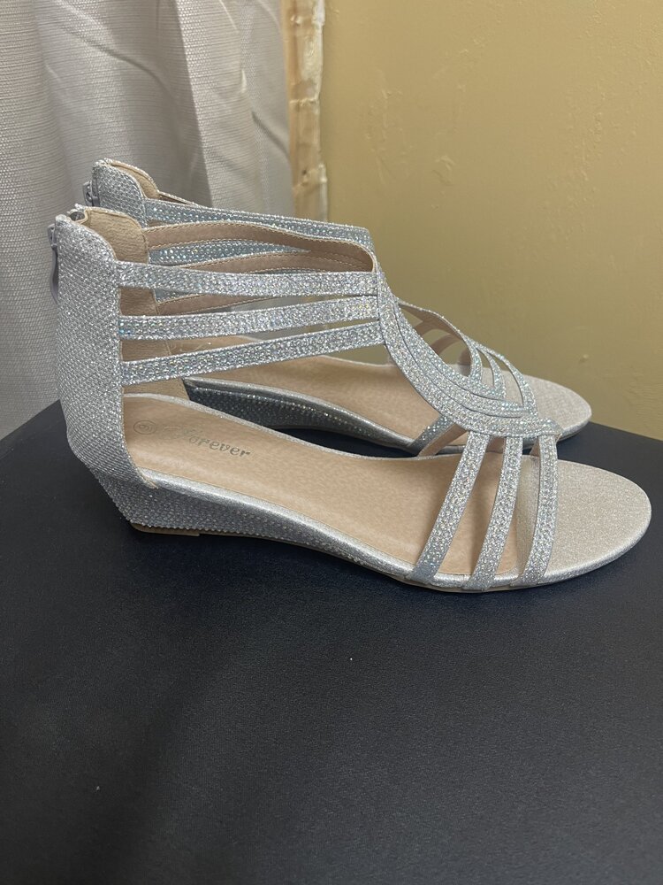 Silver Sequined Low Wedge Heel Sandal
