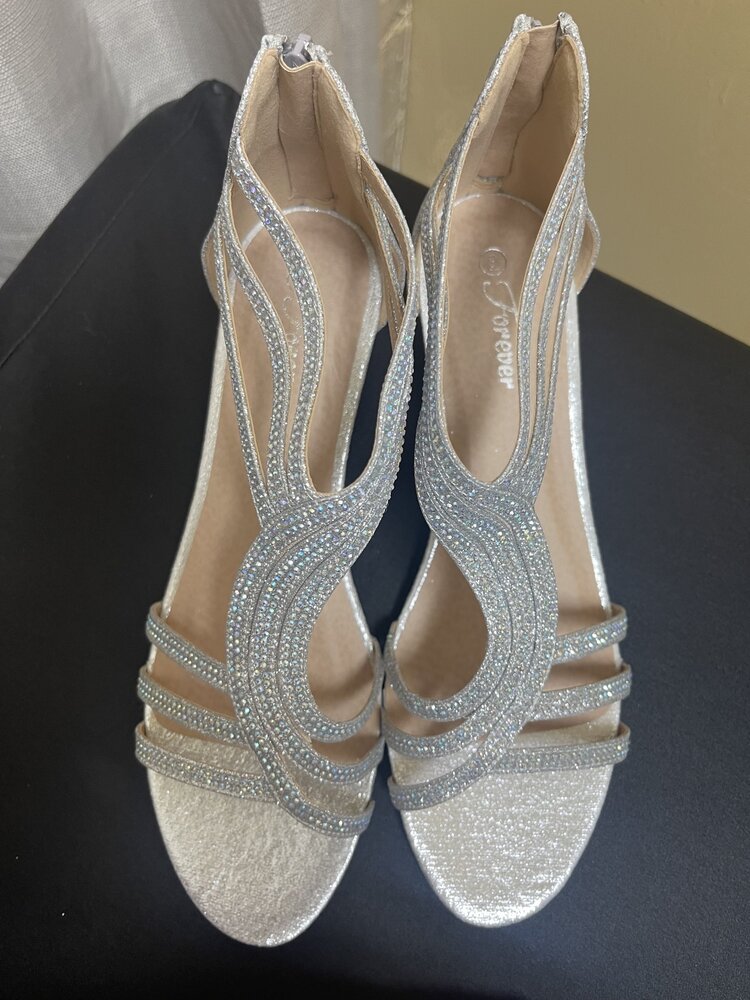 Silver Sequined Low Wedge Heel Sandal