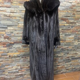 Very Dark Ranch Mink w/ Black Fox Trim Hood & Scarf with Tails, Size XL