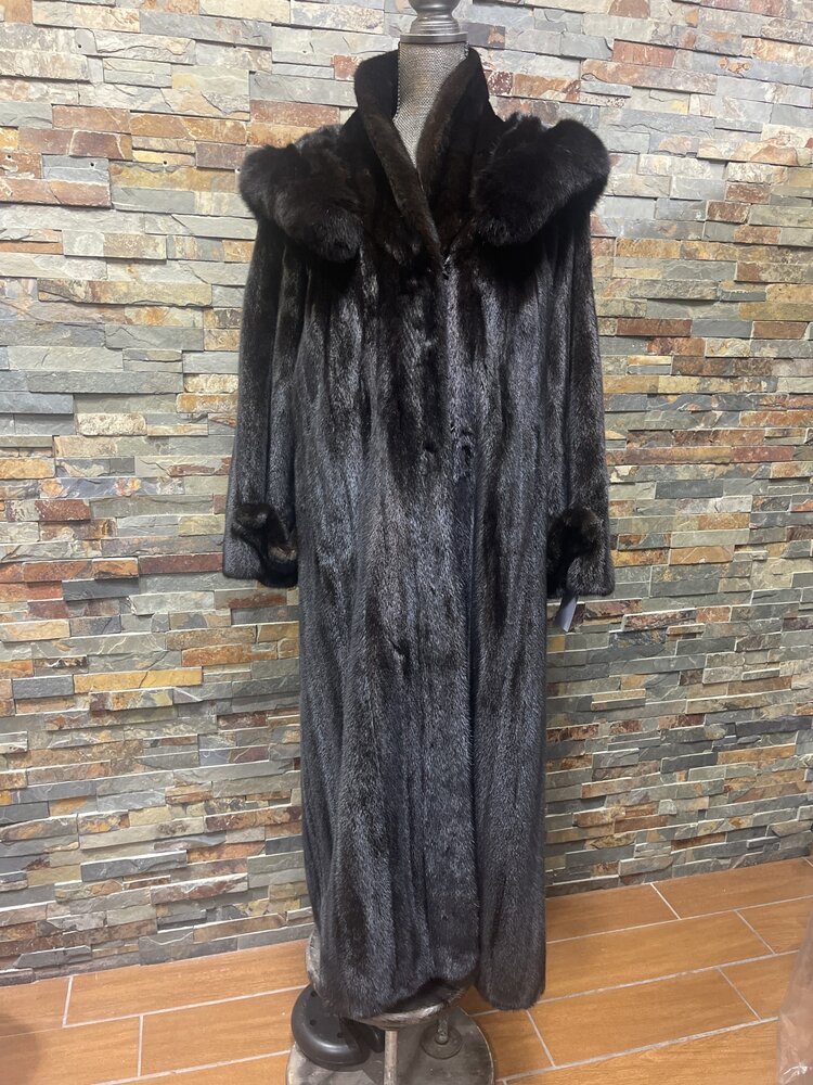 Very Dark Ranch Mink w/ Black Fox Trim Hood & Scarf with Tails, Size XL
