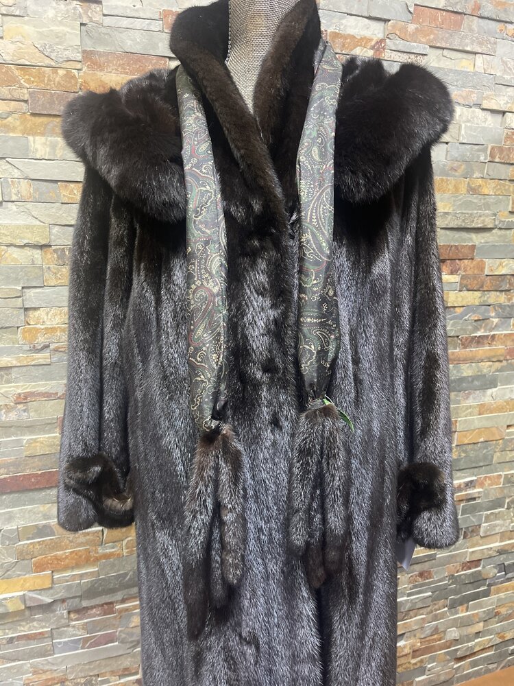Very Dark Ranch Mink w/ Black Fox Trim Hood & Scarf with Tails, Size XL