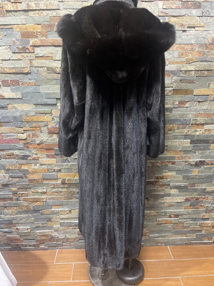 Very Dark Ranch Mink w/ Black Fox Trim Hood & Scarf with Tails, Size XL
