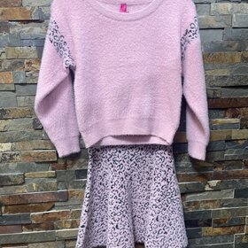 Pink & Black  Leopard Print  Sweater Skirt Set