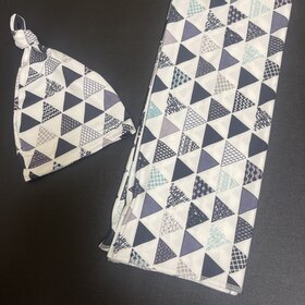 Navy Triangle Print Swaddle, Blanket, and Cap