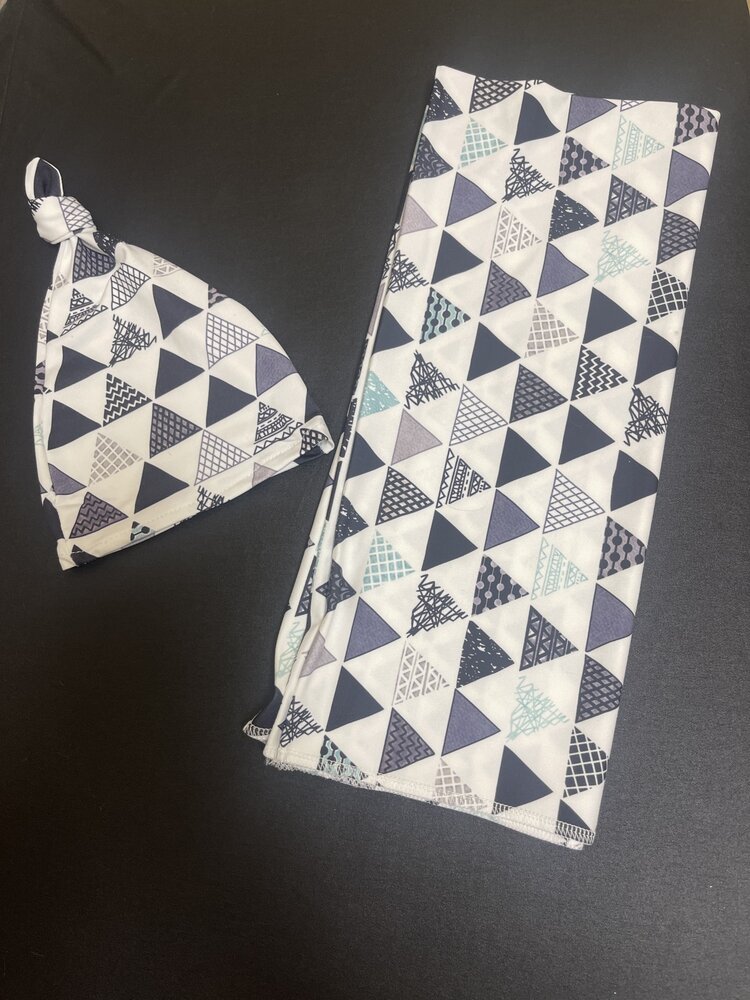 Navy Triangle Print Swaddle, Blanket, and Cap