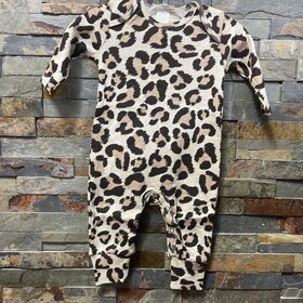 Tan & Brown Leopard Print Cotton Romper, Size 3-6M