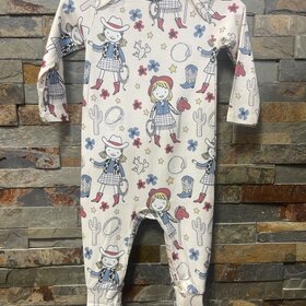 Ivory & Blue Western Cowgirl Bamboo Romper, Size 6-9M