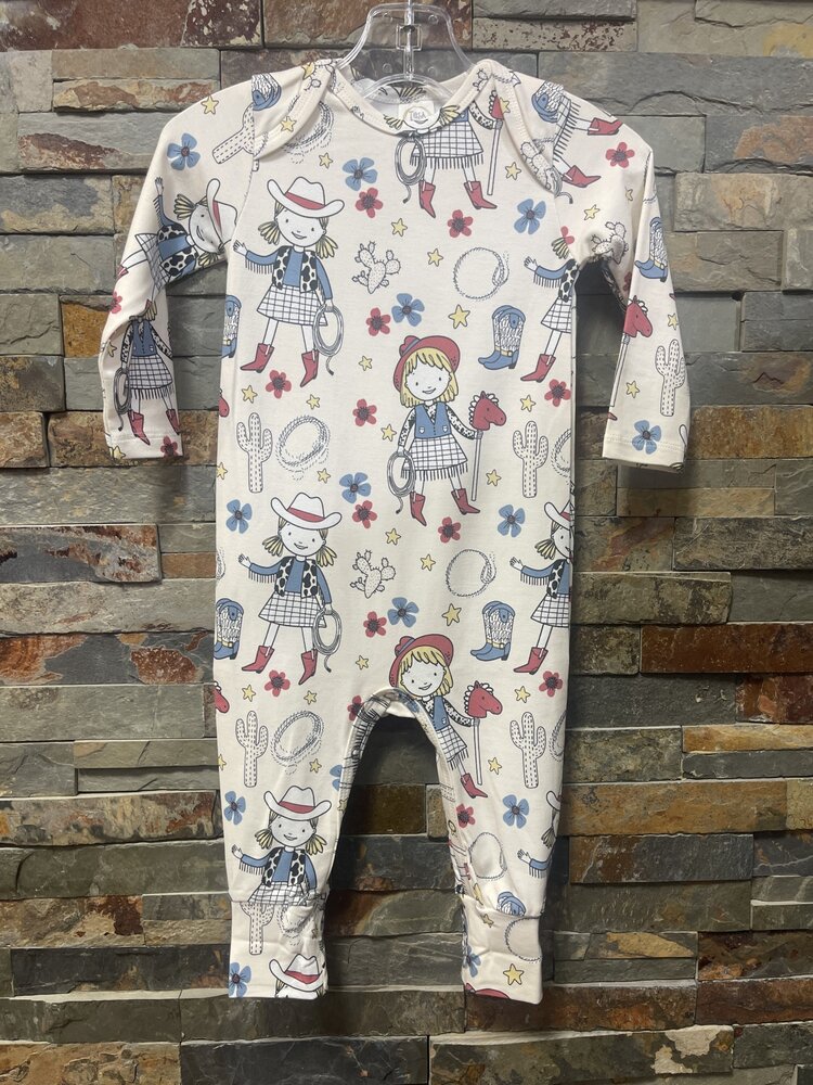 Ivory & Blue Western Cowgirl Bamboo Romper, Size 6-9M