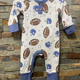 Blue & Ivory Game Day Football Bamboo Romper, Size 0-3M
