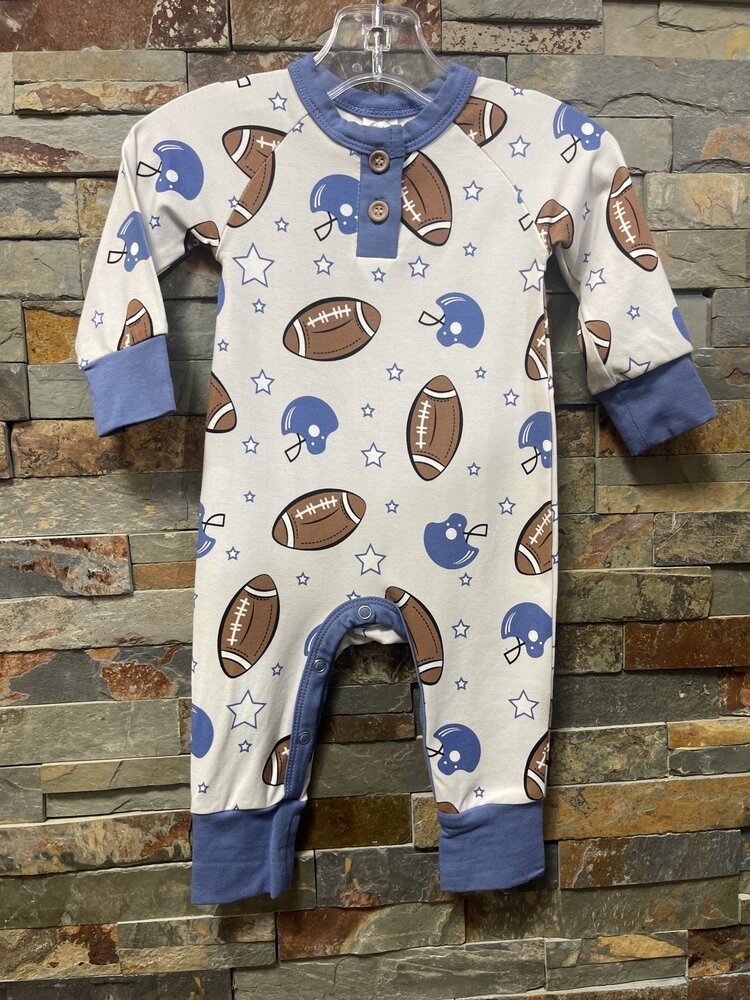 Blue & Ivory Game Day Football Bamboo Romper, Size 0-3M