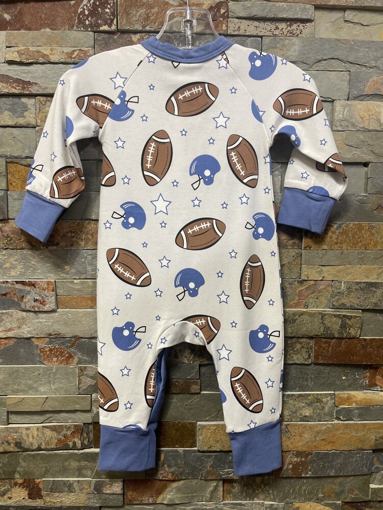 Blue & Ivory Game Day Football Bamboo Romper, Size 0-3M