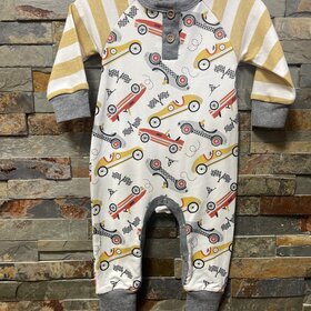 Ivory Gray and Mustard Speed Racer Bamboo Zipper Romper, Size 3-6M