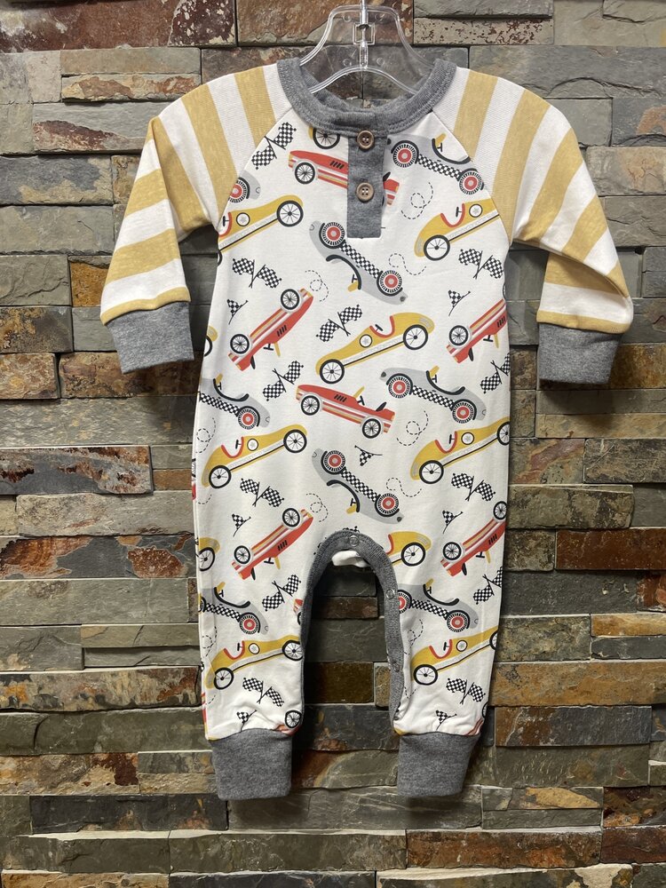 Ivory Gray and Mustard Speed Racer Bamboo Zipper Romper, Size 3-6M