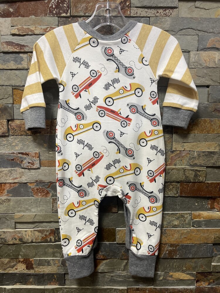 Ivory Gray and Mustard Speed Racer Bamboo Zipper Romper, Size 3-6M