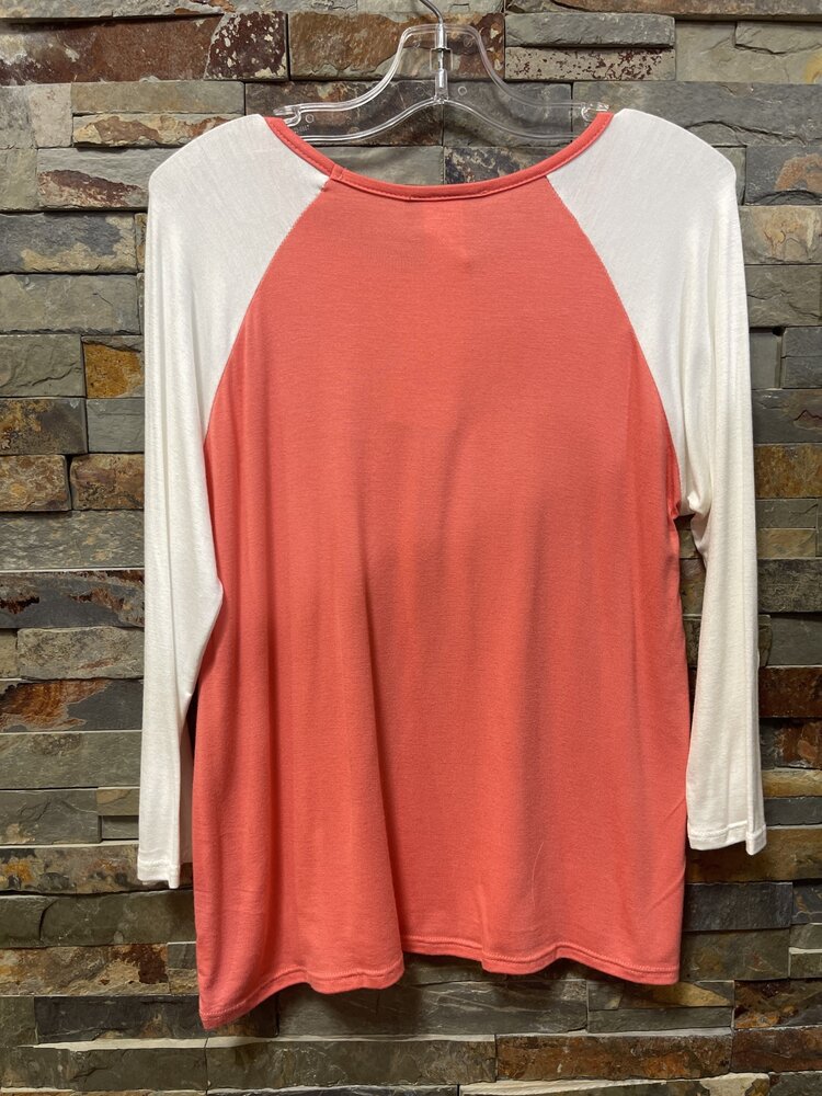 Coral Two Tone Baseball Tee with Long Sleeves