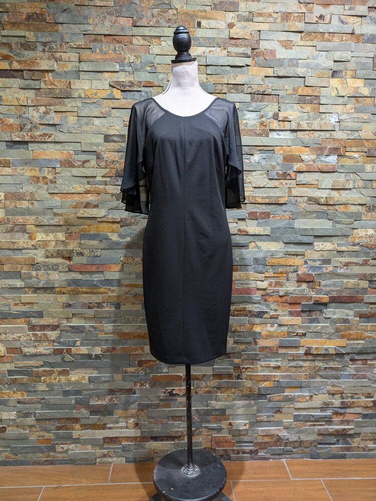 Calvin Klein Black Sheer Sleeved Shift Style Dress, Size 12