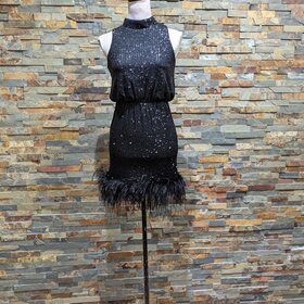 Black Sparkly High-neck Feathered Mini Dress, Size 9/10