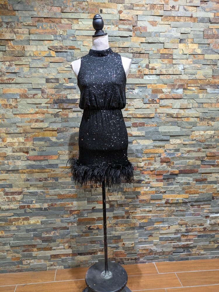 Black Sparkly High-neck Feathered Mini Dress, Size 9/10