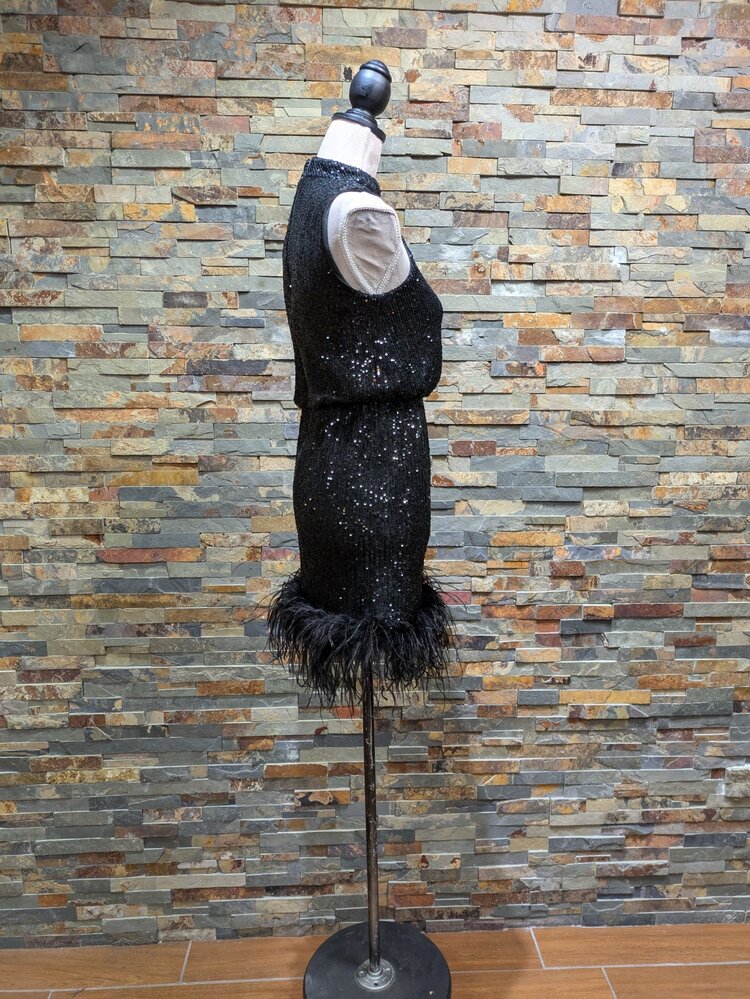 Black Sparkly High-neck Feathered Mini Dress, Size 9/10