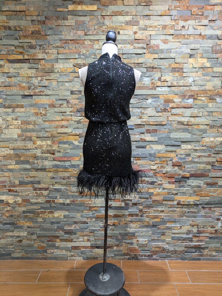 Black Sparkly High-neck Feathered Mini Dress, Size 9/10