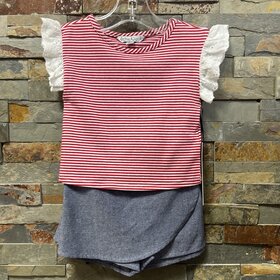 Red & White Striped Top with Denim Skort Set, Size 12M