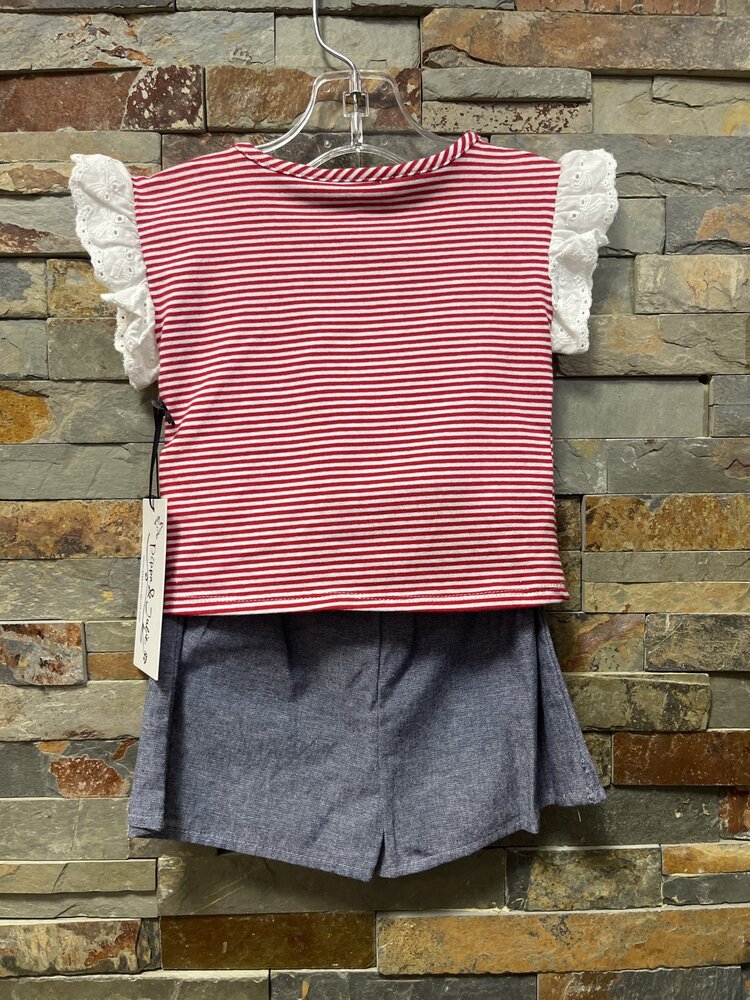Red & White Striped Top with Denim Skort Set, Size 12M