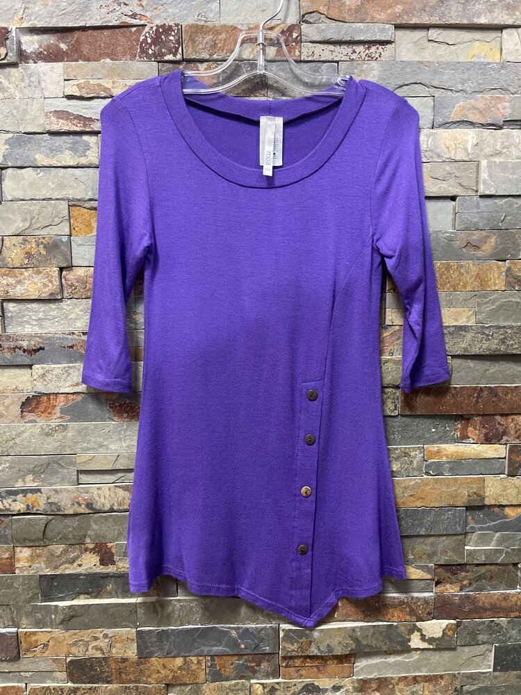 Purple Top with Round Neck, 3/4 Sleeves and Button Trim