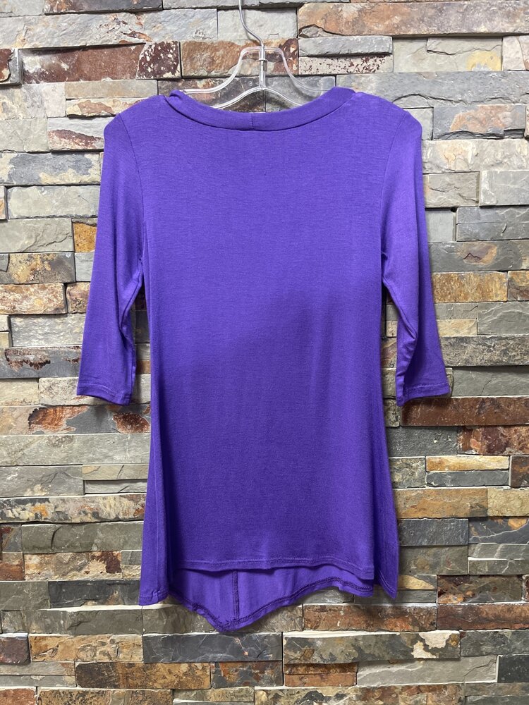 Purple Top with Round Neck, 3/4 Sleeves and Button Trim