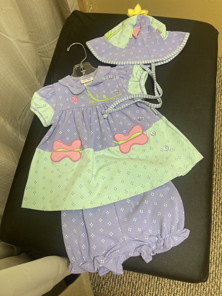 Lilac & Aqua Butterfly Dress, Bloomer & Hat Set, Size 6M