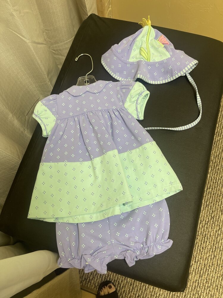 Lilac & Aqua Butterfly Dress, Bloomer & Hat Set, Size 6M