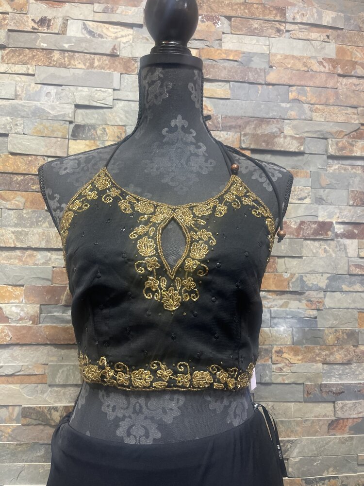 Black and Gold Beaded Halter Crop Top