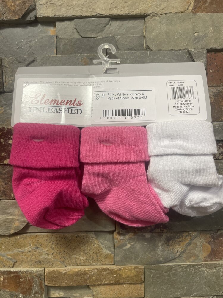 Pink , White and Gray 6 Pack of Socks, Size 0-6M