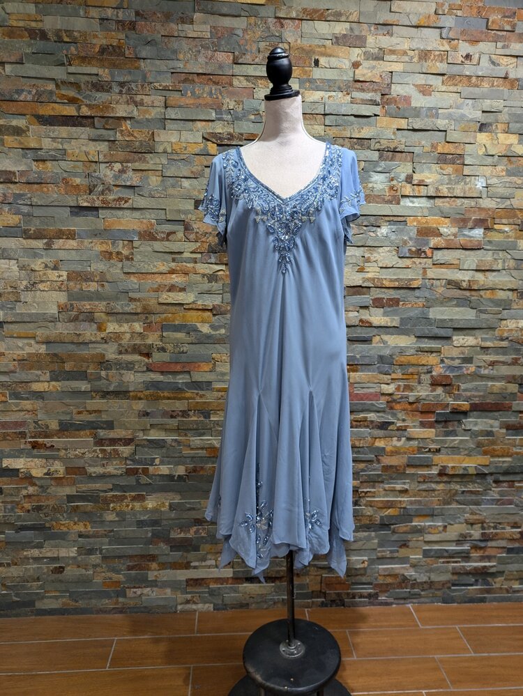 Jkara Dusty Blue Beaded Cocktail Dress w/ Flared Bottom, Size 16w