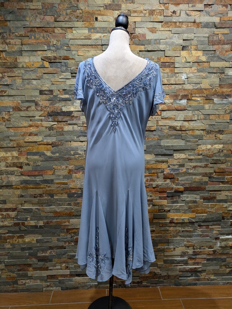 Jkara Dusty Blue Beaded Cocktail Dress w/ Flared Bottom, Size 16w