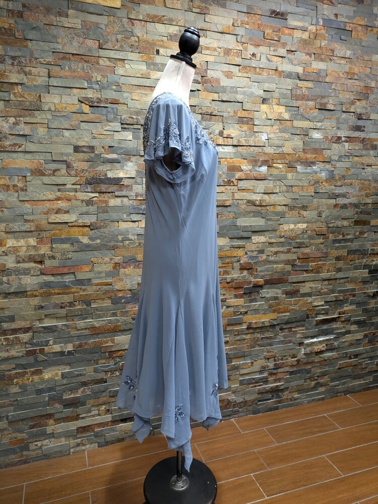 Jkara Dusty Blue Beaded Cocktail Dress w/ Flared Bottom, Size 16w