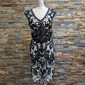 Sue Wong White & Black Embroidered Cocktail Dress, Size  8